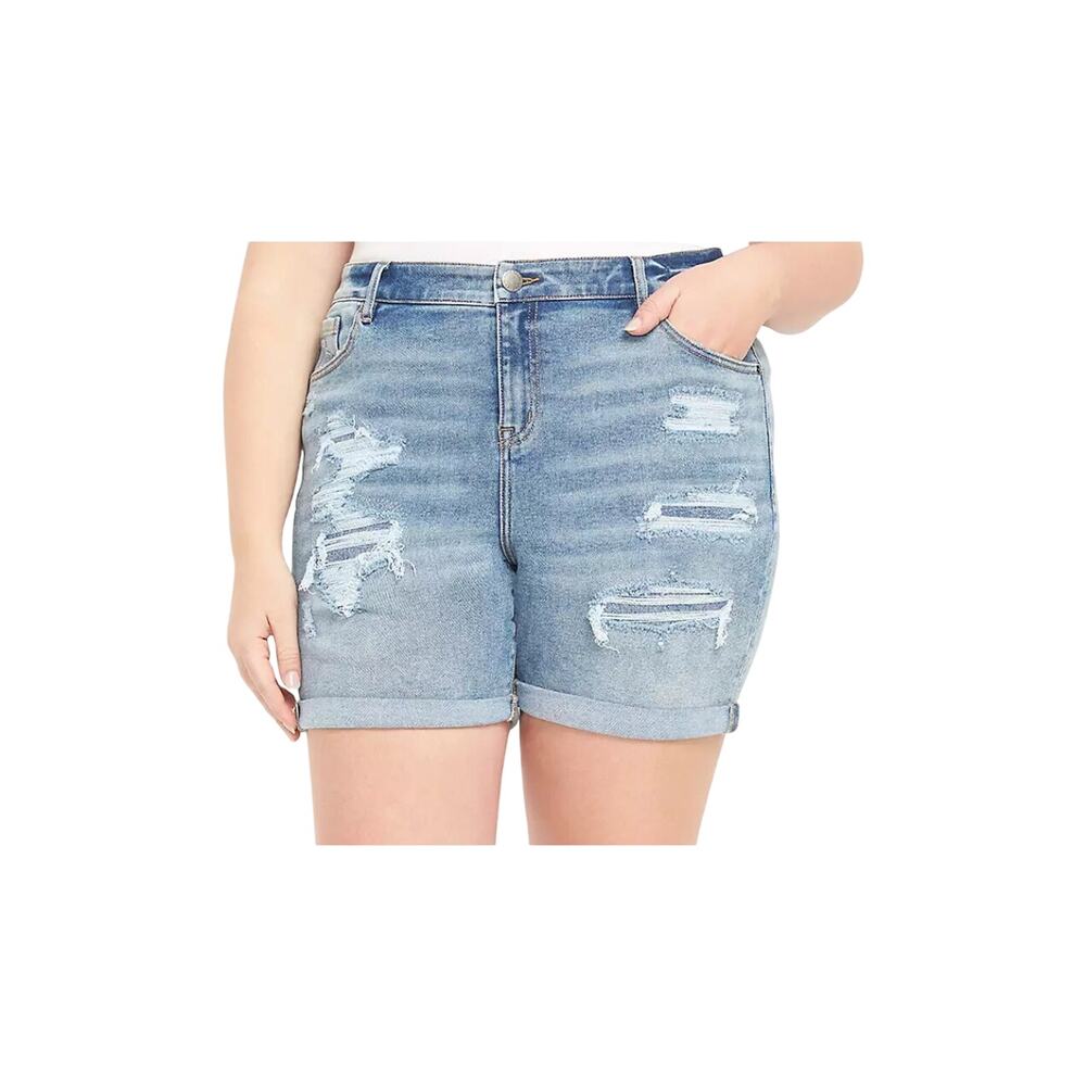 Lane Bryant Signature Fit Boyfriend Midi Denim Short - Destructed Medium Wash